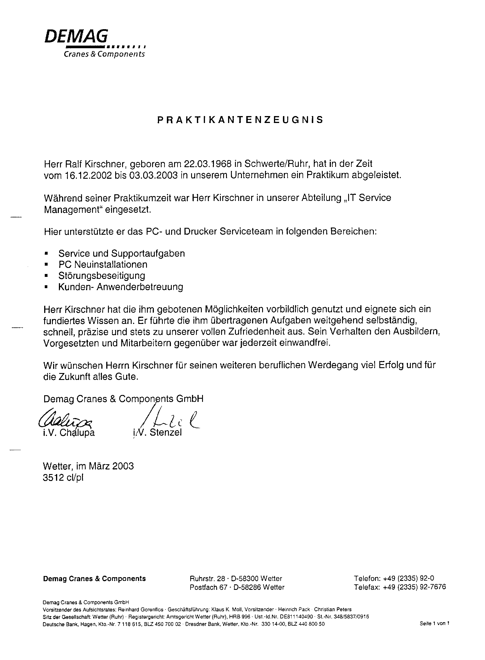Praktikantenzeugnis DEMAG Cranes & Components