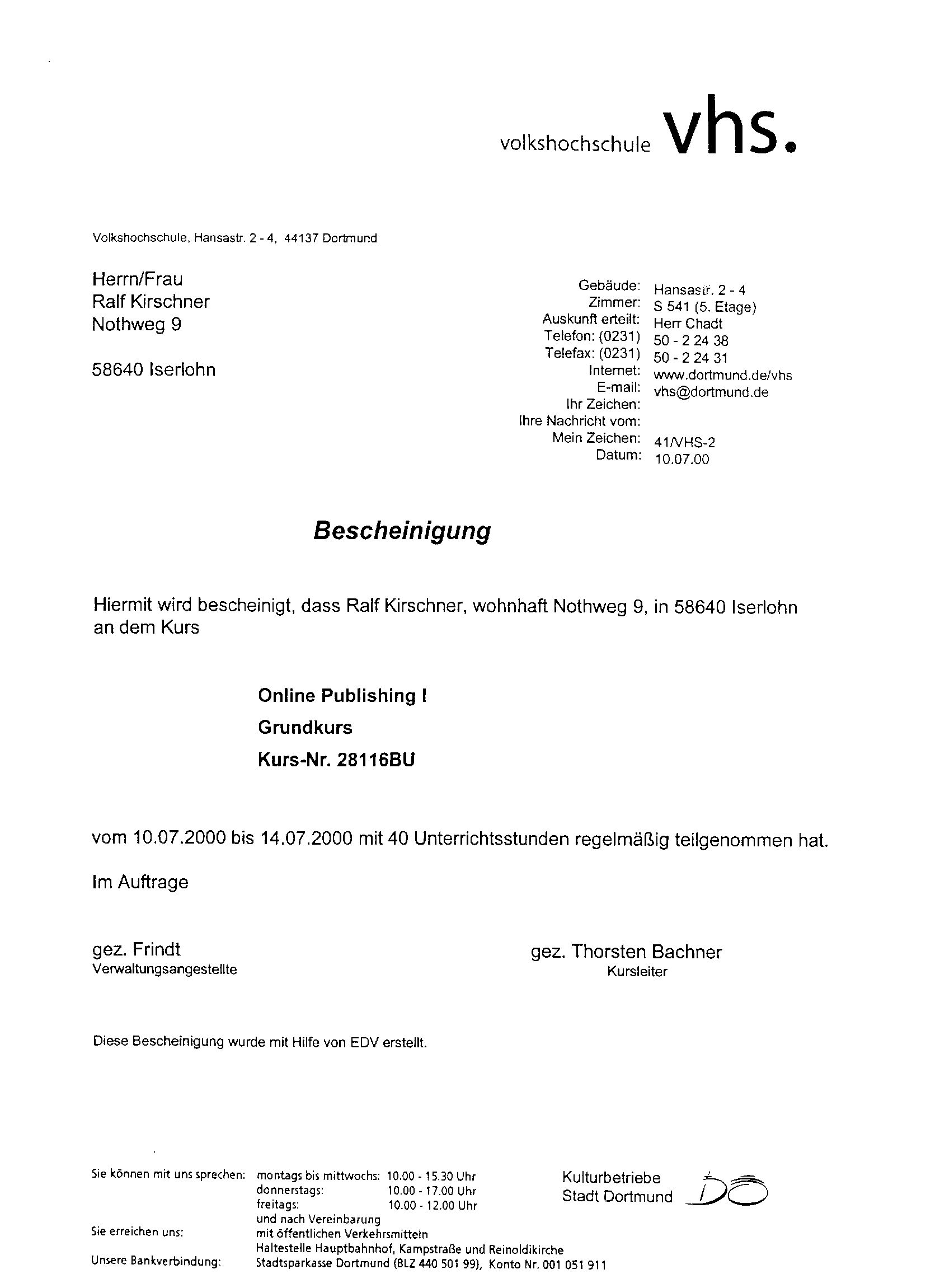 Teilnahmebescheinigung Onlinepublishing I