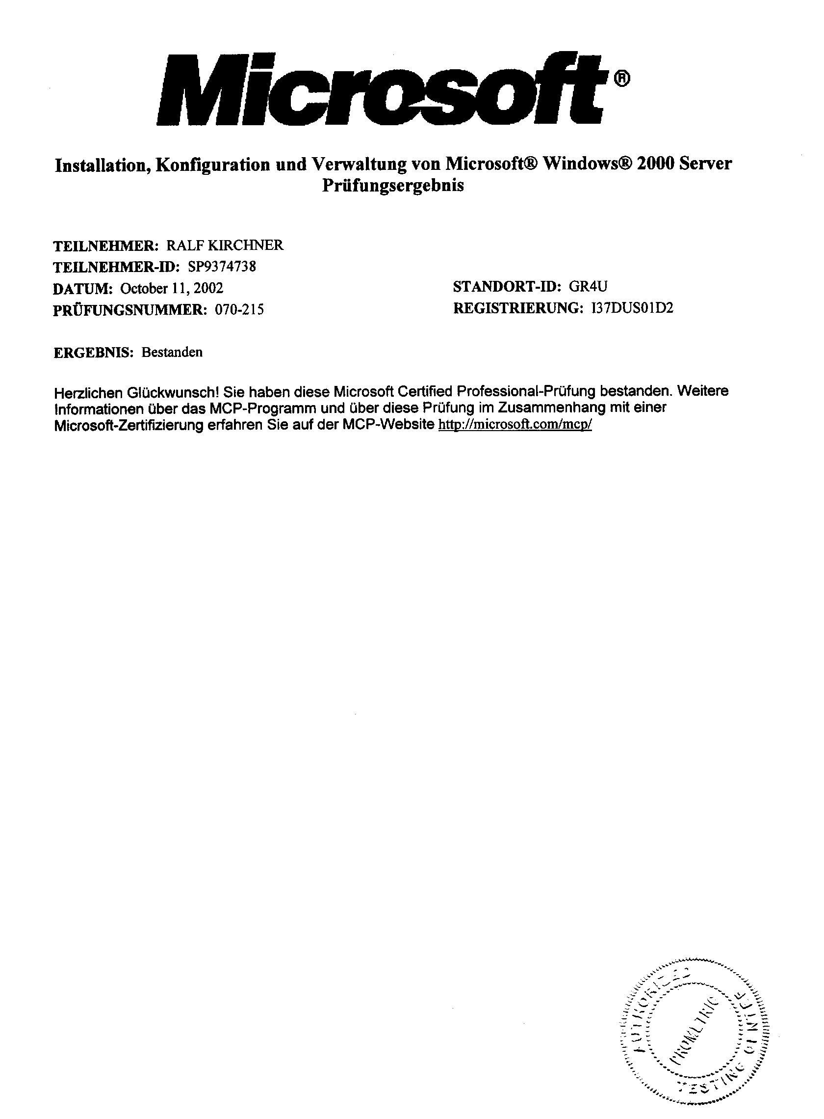 Microsoft-Zertifizierung 70215 - Windows 2000 Server