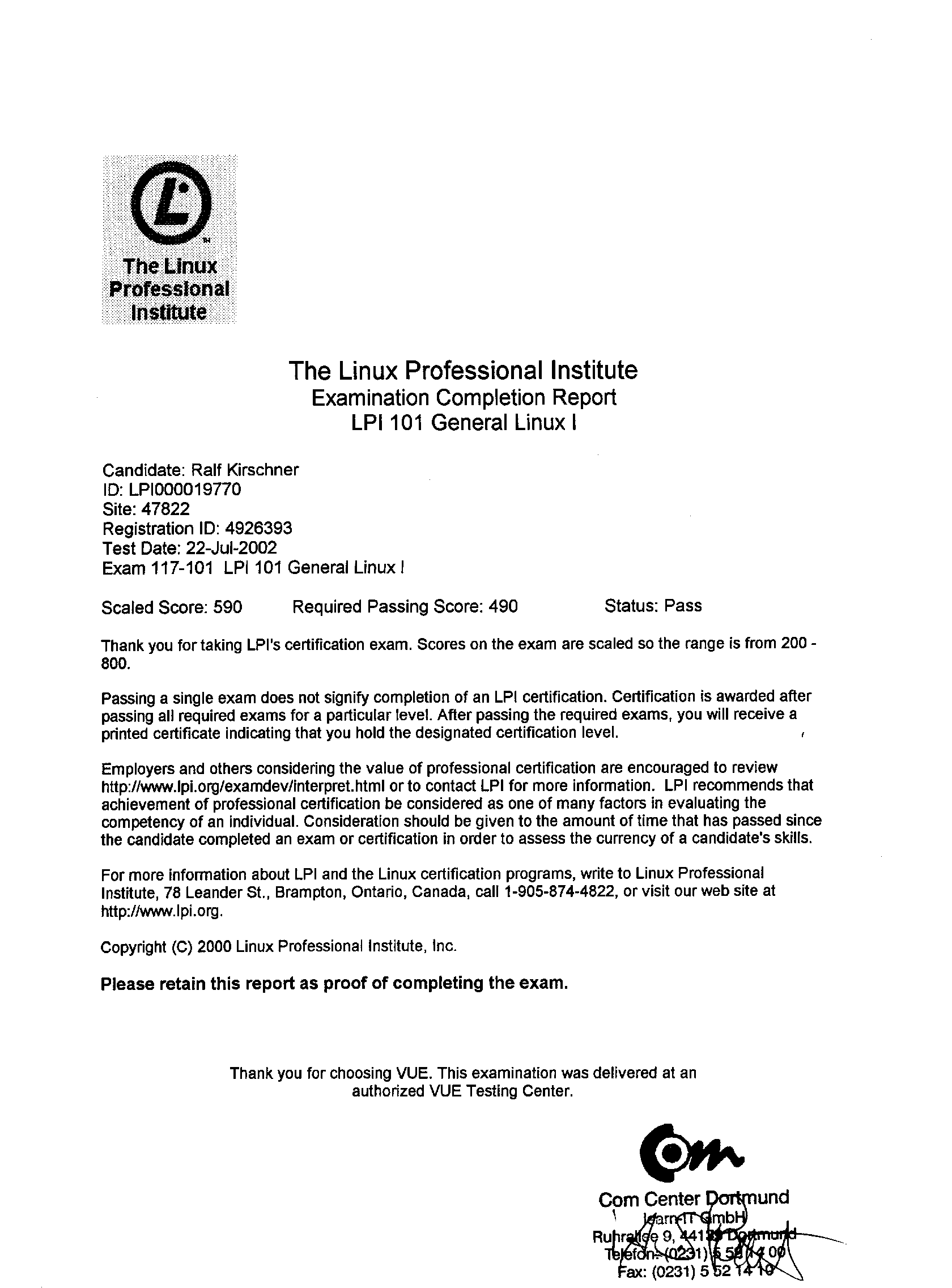 Zeugnis Linux LPI 101